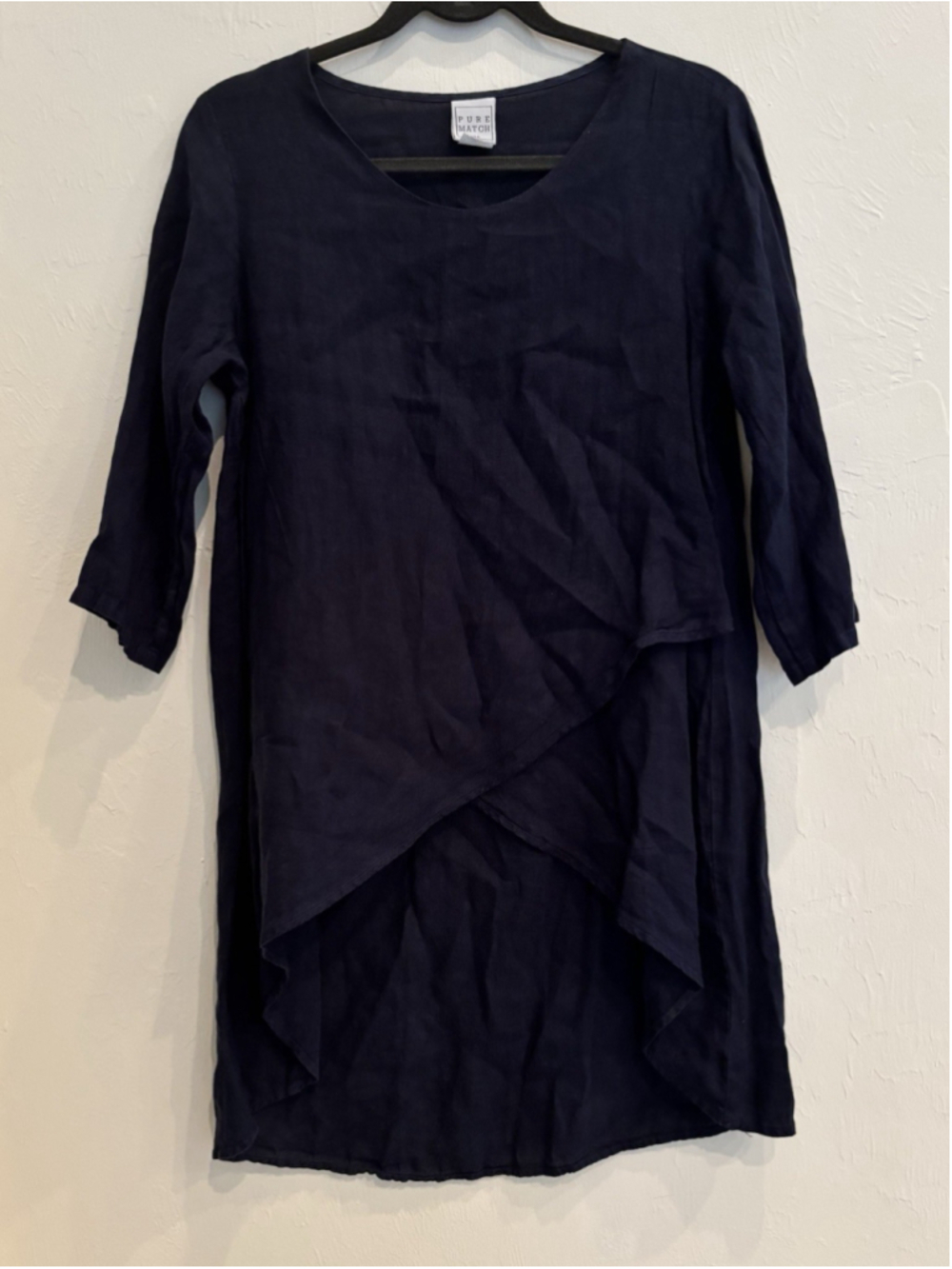 Pure Match Tunic Top Blue Linen Lagenlook Overlap Asymmetrical 3/4 Sleeve Sz M